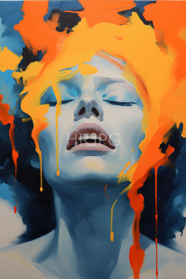 High Resolution: Androgynous blue-skinned person with closed eyes and parted lips against a dark background with vibrant orange paint dripping over their head like fire download. | HRJPG.com