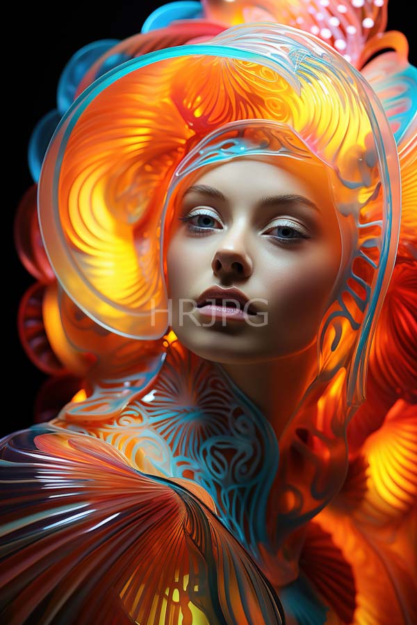 High Resolution: Ethereal fair-skinned woman with delicate features and soft pink lips wears intricate orange-red translucent headgear resembling vibrant coral or seashells against a black background download. | HRJPG.com