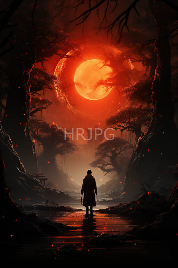 High Resolution: Eerie dark forest with twisted trees under a massive red-orange full moon casting intense light and shadows on water below with a lone silhouetted figure standing at the center download. | HRJPG.com