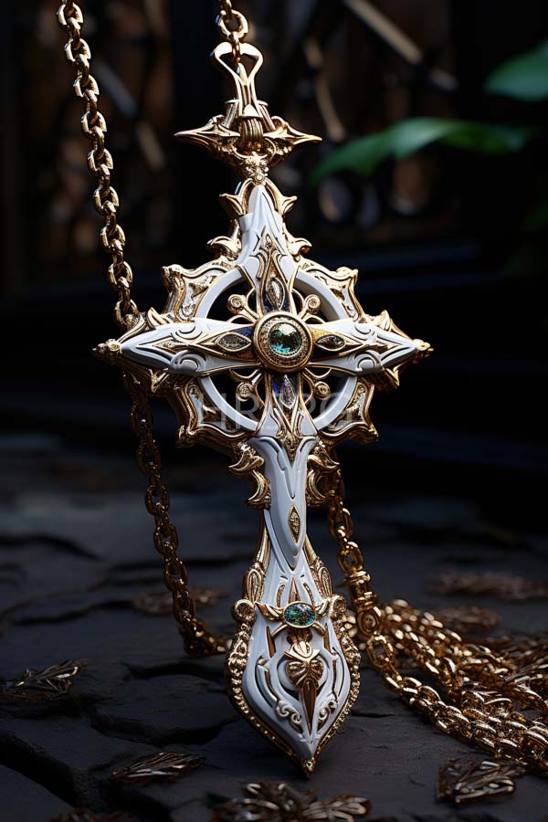High Resolution: Ornate gold and white cross pendant with intricate detailing hangs from a thick chain on dark stone pavement featuring green gemstones at its center and base download. | HRJPG.com