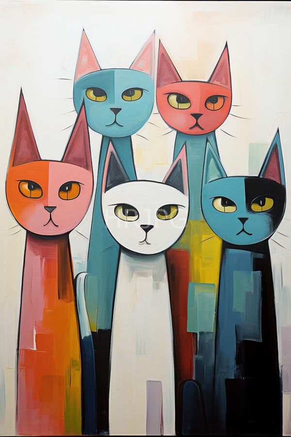 High Resolution: Abstract digital painting of six stylized cats standing in front of each other against a textured background with muted colors and geometric patterns and large yellow eyes download. | HRJPG.com