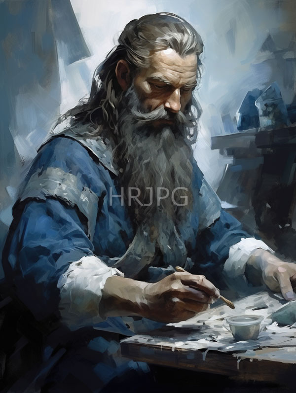 High Resolution: Elderly man with long wavy gray hair and a beard writing in a notebook at his desk wears blue robes over white sleeves against a blurred gray-blue background download. | HRJPG.com