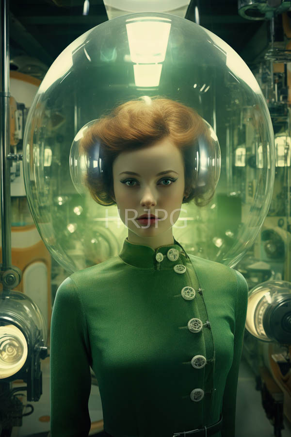 High Resolution: Attractive fair-skinned woman with red hair in vintage curls wears a green buttoned dress and a clear dome helmet standing centered against an industrial background download. | HRJPG.com