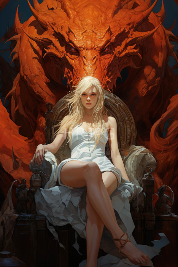 High Resolution: Ethereal blonde woman with pale skin wears a white dress and sandals seated on an ornate throne against a fiery red dragon backdrop with a stern captivating expression download. | HRJPG.com