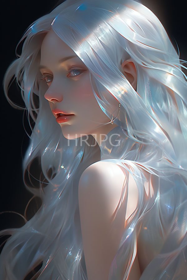 High Resolution: Ethereal fair-skinned woman with long flowing silver hair illuminated by soft light reflections against a dark background gazes pensively to her left over bare shoulders download. | HRJPG.com