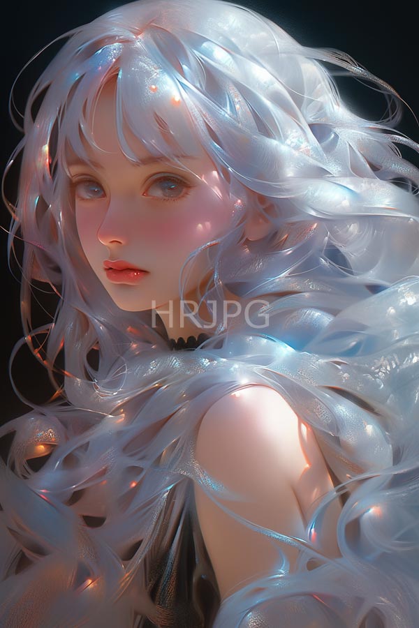 High Resolution: Ethereal fair-skinned young woman with long flowing silver hair that shimmers and reflects light in pinkish hues with large blue eyes and delicate features download. | HRJPG.com