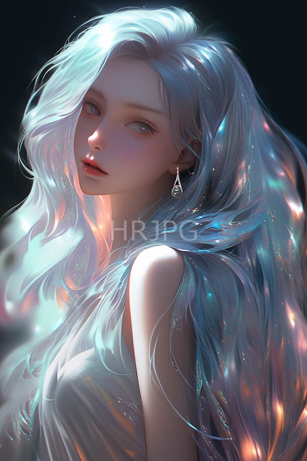High Resolution: Ethereal fair-skinned woman with long flowing silver hair that shimmers in pastel hues under soft light with delicate features and small teardrop earrings download. | HRJPG.com