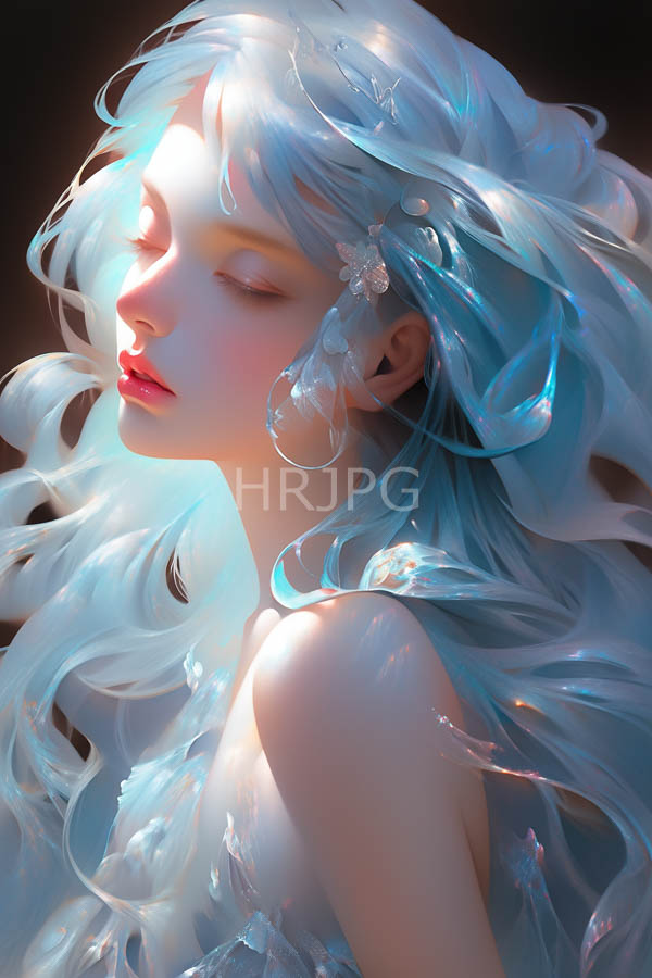 High Resolution: Ethereal fair-skinned woman with long flowing blue hair adorned by translucent flower-like ornaments with closed eyes and pink lips in a serene expression download. | HRJPG.com