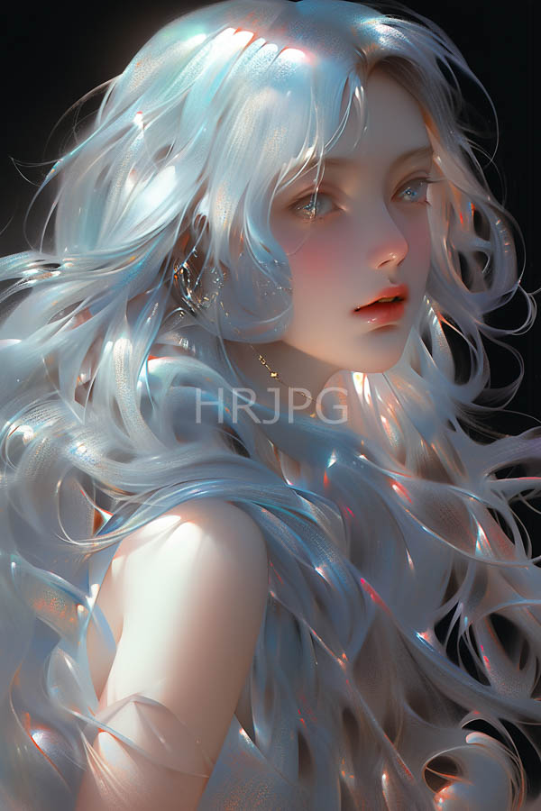 High Resolution: Ethereal fair-skinned young woman with long flowing silver hair that reflects light in pink and blue hues with delicate features and expressive eyes gazing forward gently download. | HRJPG.com