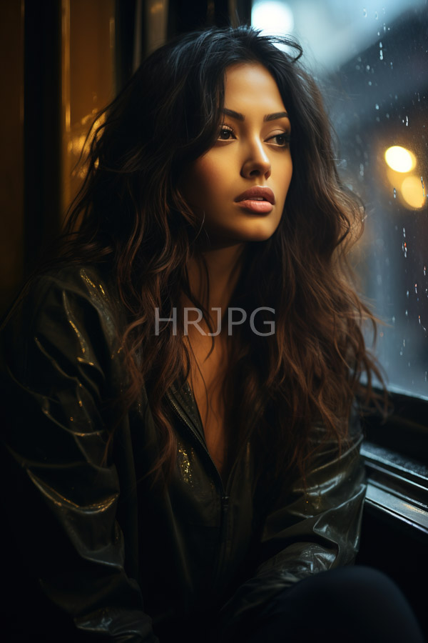 High Resolution: Attractive dark-skinned woman with long wavy brown hair sits by a rainy window at night wearing a shiny black leather jacket with soft yellow streetlights illuminating through raindrops download. | HRJPG.com
