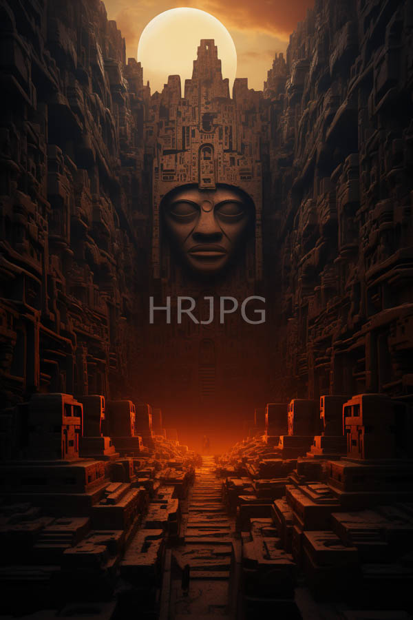 High Resolution: Eerie narrow canyon-like structure with towering stone walls adorned in intricate carvings and a massive serene face of a deity centered at the top under a glowing full moon download. | HRJPG.com
