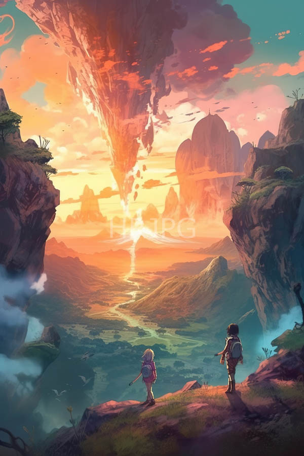 High Resolution: Fantasy artwork depicts two characters standing on rocky cliffs gazing at an ethereal sunset over lush valleys and towering rock formations with vibrant orange clouds download. | HRJPG.com