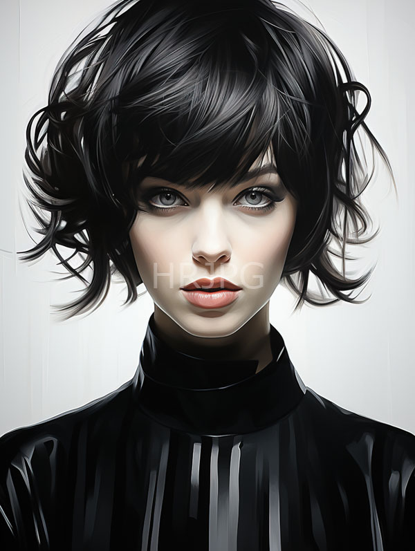 High Resolution: Androgynous person with pale skin striking blue eyes and full red lips with short wavy black hair wears a high-necked glossy black top against a white background download. | HRJPG.com