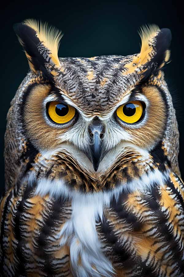 High Resolution: American hawk owl with striking yellow eyes detailed brown and white feather patterns and prominent black-tipped ear feathers resembling horns against a dark green background download. | HRJPG.com