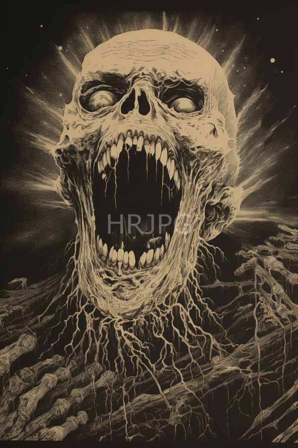 High Resolution: Detailed monochromatic drawing of an eerie skull with glowing eyes and a wide-open mouth revealing sharp teeth with radiating light beams emanating from behind its head download. | HRJPG.com