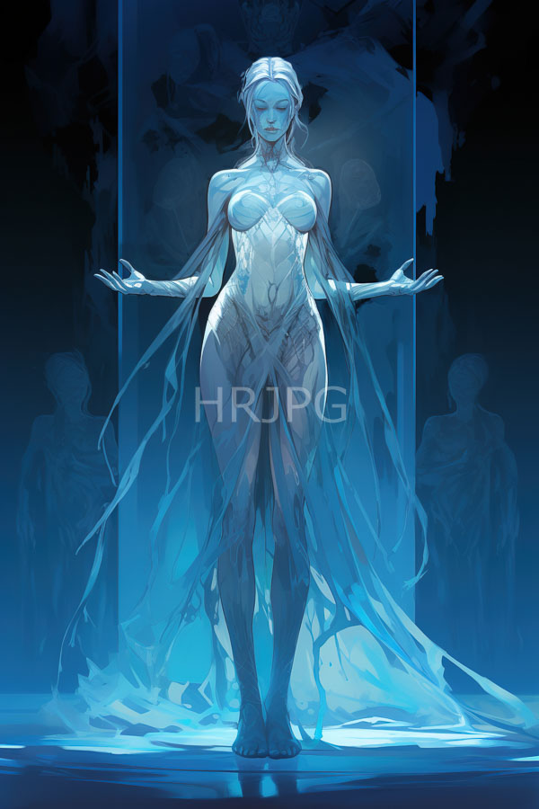 High Resolution: Ethereal blue-tinted female figure with pale skin and white hair stands in front of dark background silhouettes wearing translucent fabric that reveals her large breasts download. | HRJPG.com