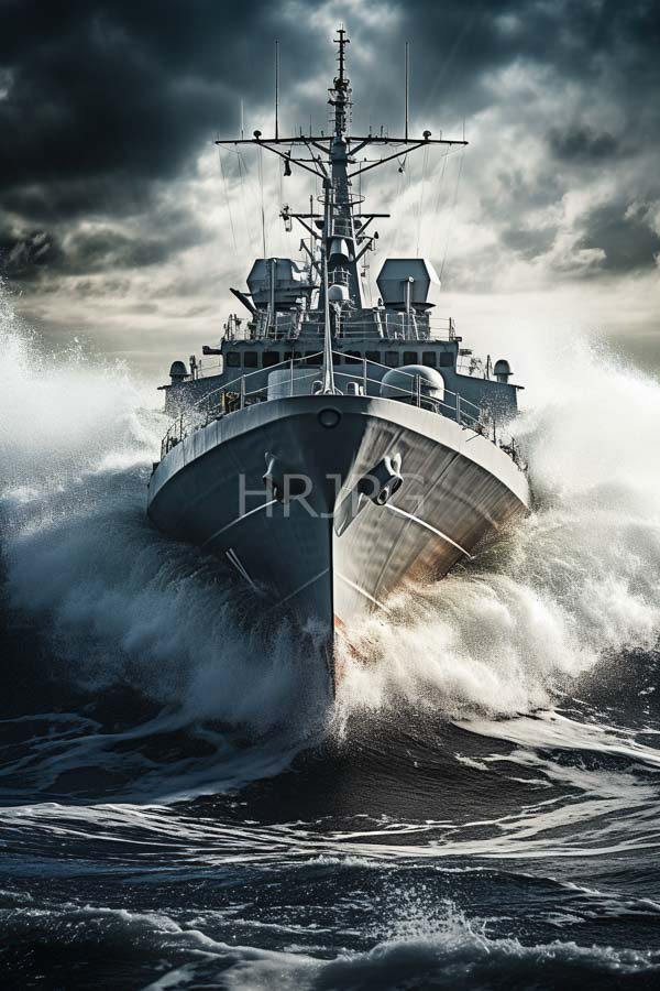 High Resolution: Imposing gray naval warship cutting through turbulent ocean waves under dramatic cloudy skies with water splashing vigorously around its bow download. | HRJPG.com