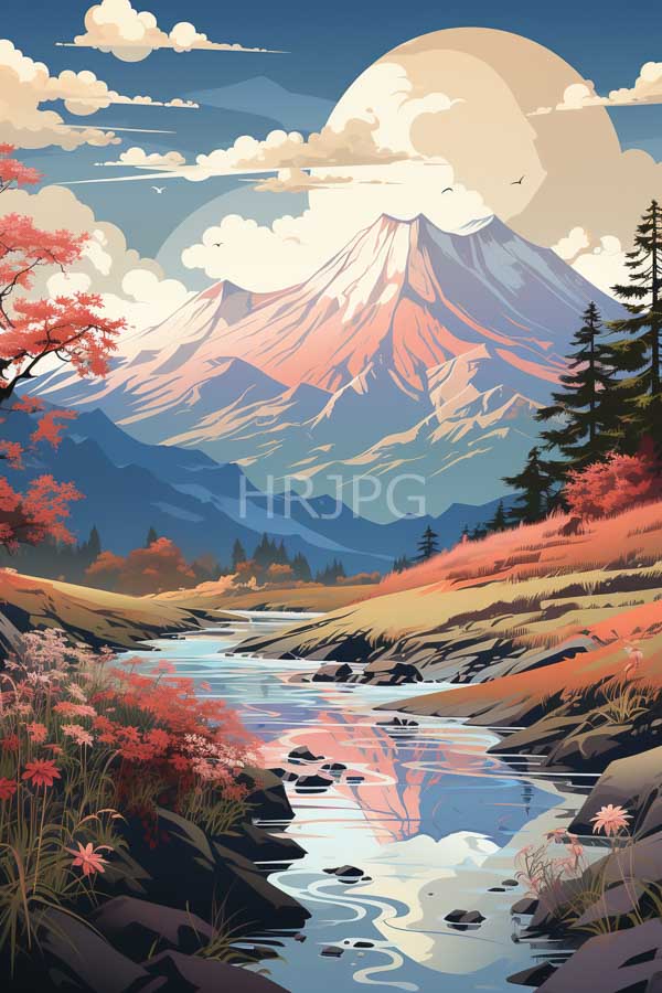 High Resolution: Autumnal landscape featuring vibrant red and orange foliage reflecting in a clear river that winds through rocky terrain towards snow-capped mountains under a large full moonlit sky download. | HRJPG.com