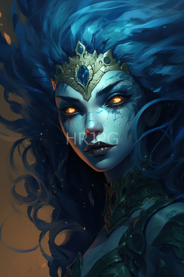 High Resolution: Ethereal blue-skinned woman with glowing orange eyes and flowing dark-blue hair wears ornate golden jewelry adorned by a central turquoise gemstone on her forehead download. | HRJPG.com