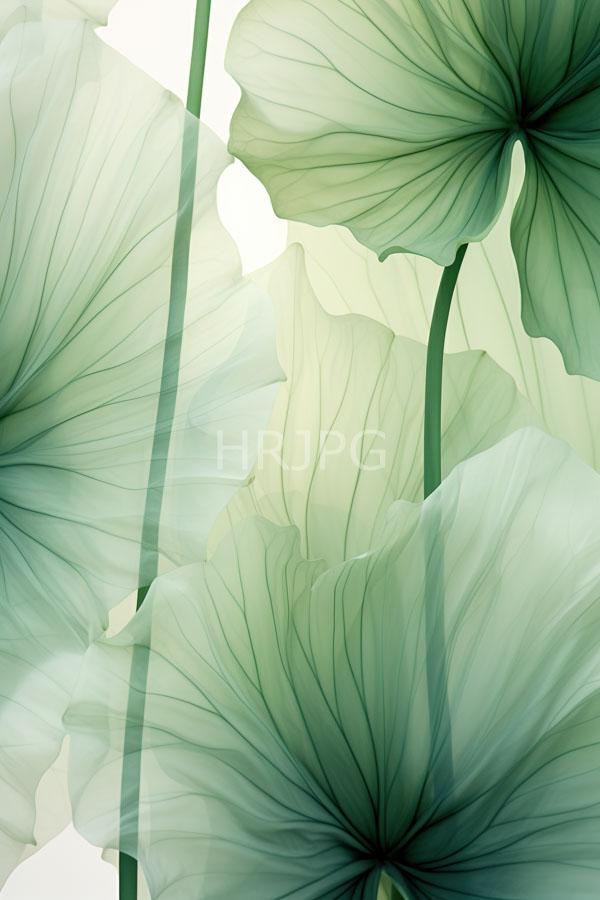High Resolution: Large translucent green lotus leaves with visible veins and delicate textures with overlapping layers creating an ethereal effect against a bright white background download. | HRJPG.com