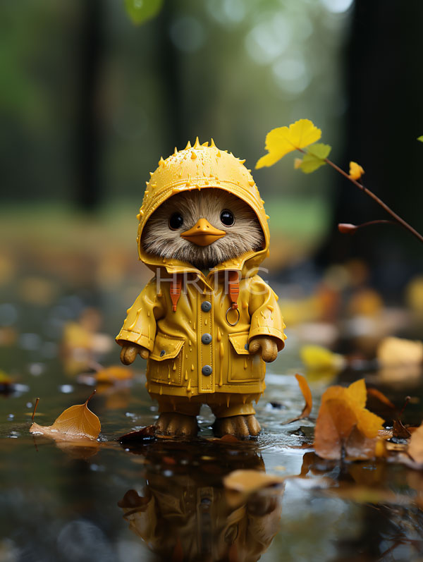 High Resolution: Adorable realistic plush duckling wearing a yellow raincoat with spikes on its hood stands in shallow water amidst fallen autumn leaves download. | HRJPG.com