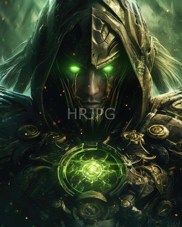 High Resolution: Armored hooded figure with glowing green eyes and intricate metallic armor adorned in dark greens and golds with a luminous circular emblem emitting bright neon-green light download. | HRJPG.com