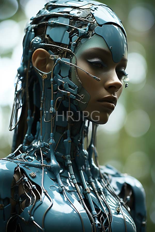 High Resolution: Photorealistic androgynous dark-skinned humanoid robot with metallic blue plates covering its head and upper torso with intricate wires and a skull-like face open in serene contemplation download. | HRJPG.com