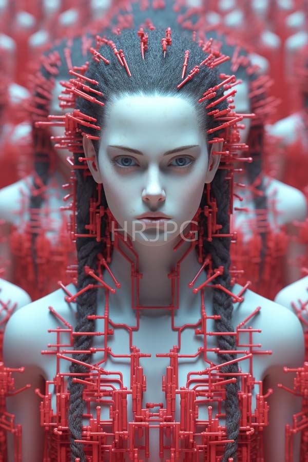 High Resolution: Photorealistic androgynous pale-skinned woman with long braided hair adorned in red mechanical spikes resembling circuitry patterns covering her head and upper body with intense blue eyes download. | HRJPG.com
