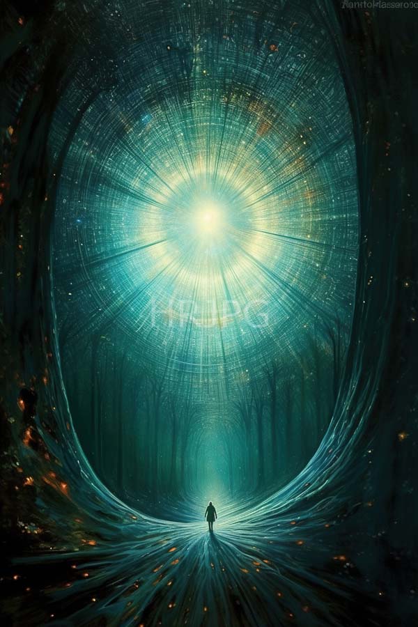 High Resolution: Ethereal forest scene with teal and green hues tall trees framing a central bright light emanating from a large circular pattern above a lone figure standing at the center bottom download. | HRJPG.com