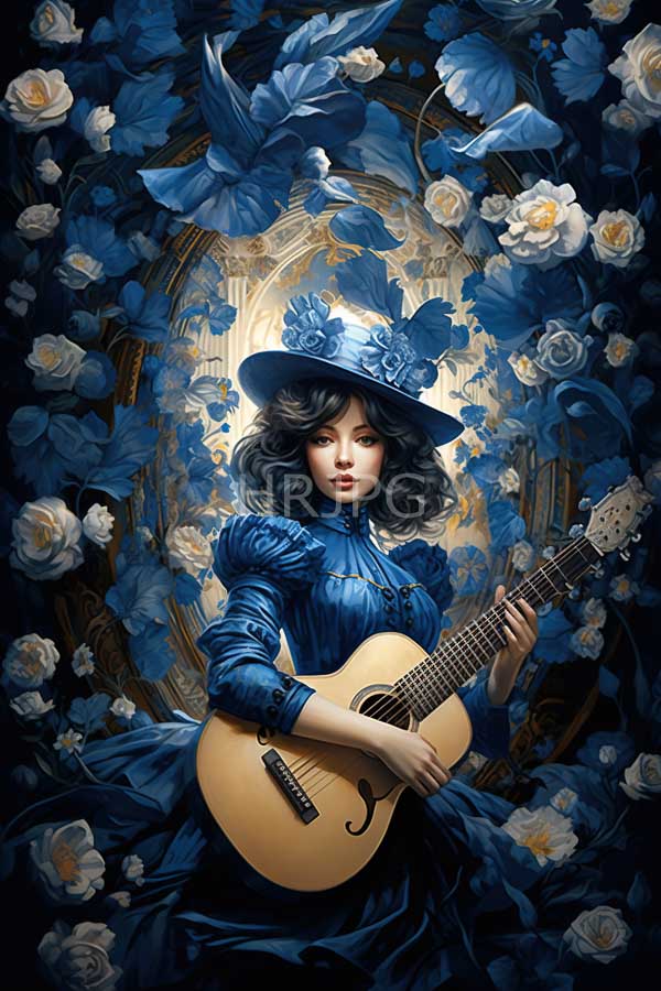 High Resolution: Ethereal woman with pale skin and wavy black hair wears a blue Victorian-style dress adorned in floral patterns holding a classical guitar surrounded by large white and royal-blue roses download. | HRJPG.com