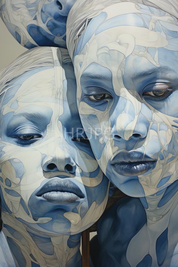 High Resolution: Three African-American women with blue and white abstract paint patterns on their faces creating an ethereal effect with closed eyes in serene expressions download. | HRJPG.com