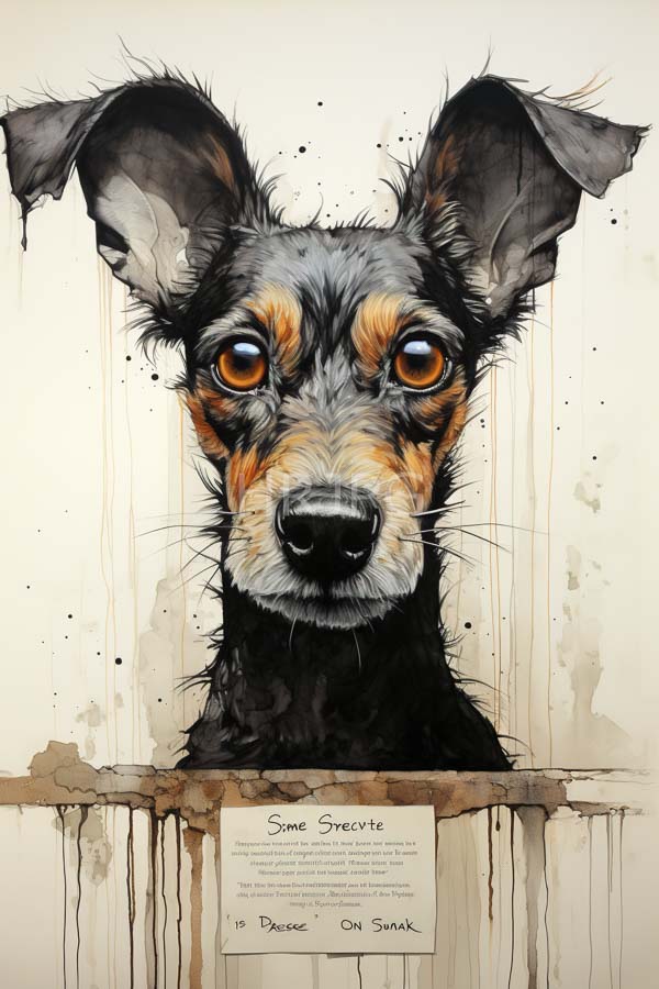 High Resolution: Detailed watercolor and ink drawing of an alert black-and-tan dog with large ears looking directly at viewers against a minimalistic beige paper background with subtle splashes download. | HRJPG.com