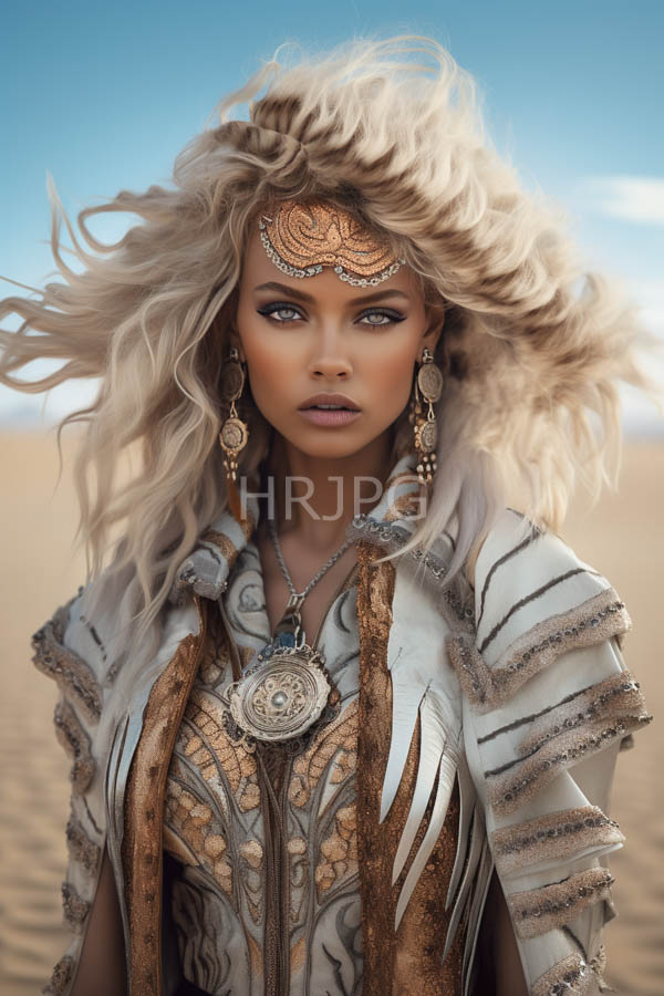 High Resolution: Photorealistic attractive light-skinned woman with voluminous blonde hair and striking blue eyes in desert attire wears ornate silver jewelry including earrings and forehead piece over intricate armor download. | HRJPG.com
