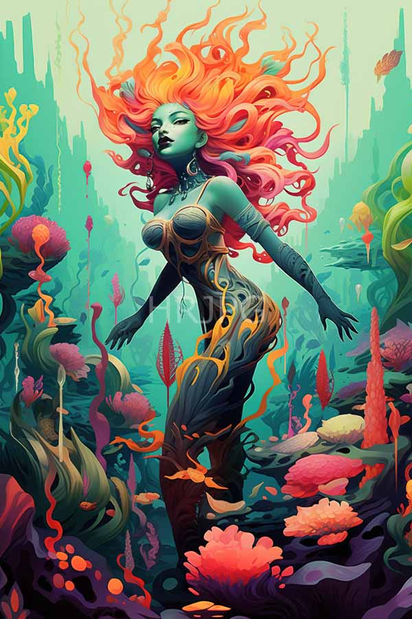 High Resolution: Ethereal green-skinned mermaid with vibrant orange and pink hair flowing wildly in underwater surroundings wears intricate black armor-like clothing and floats gracefully among colorful coral reefs download. | HRJPG.com