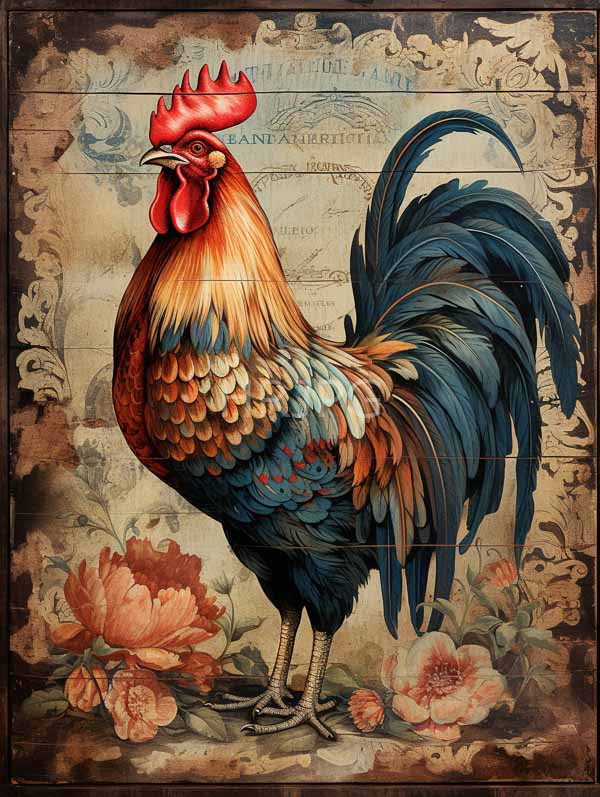 High Resolution: Ornate rooster with vibrant multicolored feathers in shades of red orange blue and green stands on textured floral-patterned paper background featuring large pink flowers download. | HRJPG.com