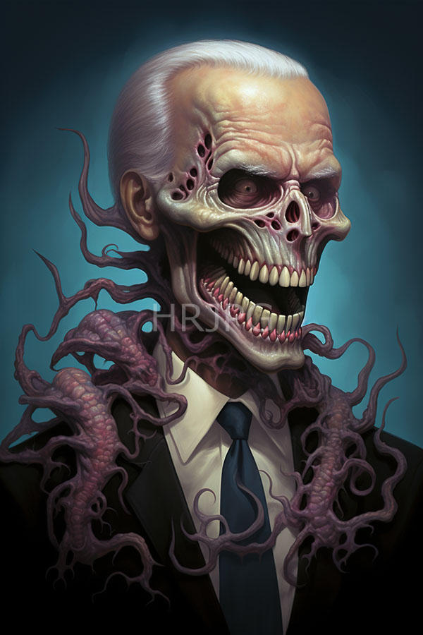 High Resolution: Eerie humanoid skull with pale skin and white hair wearing formal attire a black suit jacket and dark tie exhibiting grotesque tentacle-like growths emerging from its neck area download. | HRJPG.com
