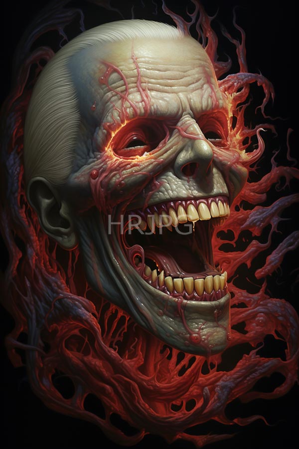 High Resolution: Eerie grotesque skull with pale skin and glowing red eyes against a dark background with fiery tendrils surrounding it emitting intense heat and displaying sharp teeth dripping blood-like fluid download. | HRJPG.com