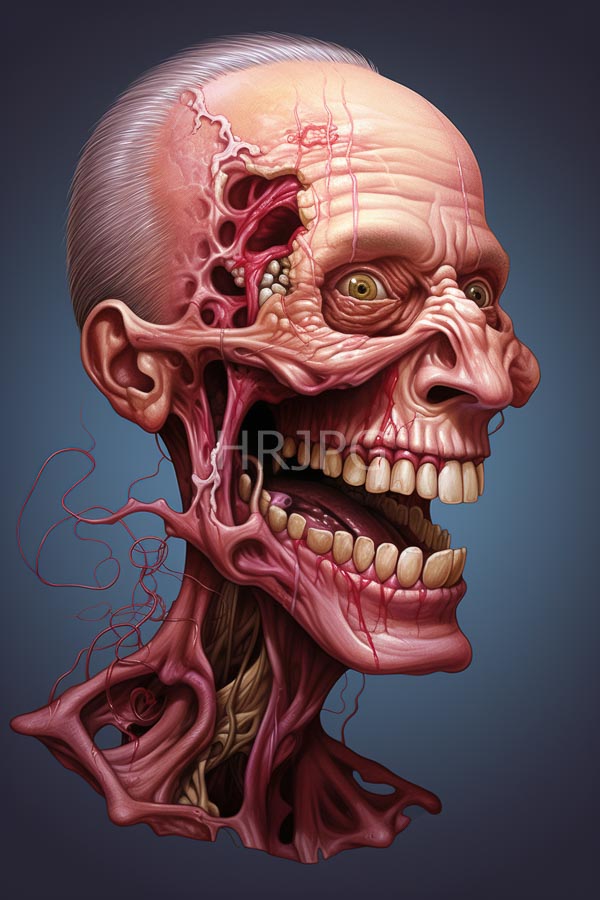High Resolution: Aged decaying human skull with exposed pinkish-red flesh and veins prominent wrinkles and hollowed eyes showing yellow sclerae and large teeth in an open mouth download. | HRJPG.com