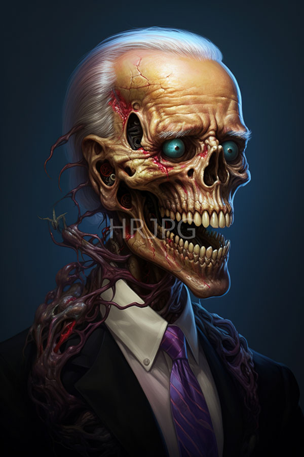 High Resolution: Undead skeletal male figure with pale skin and cracked skull features with glowing blue eyes and red scars wearing a dark suit jacket and purple striped tie download. | HRJPG.com
