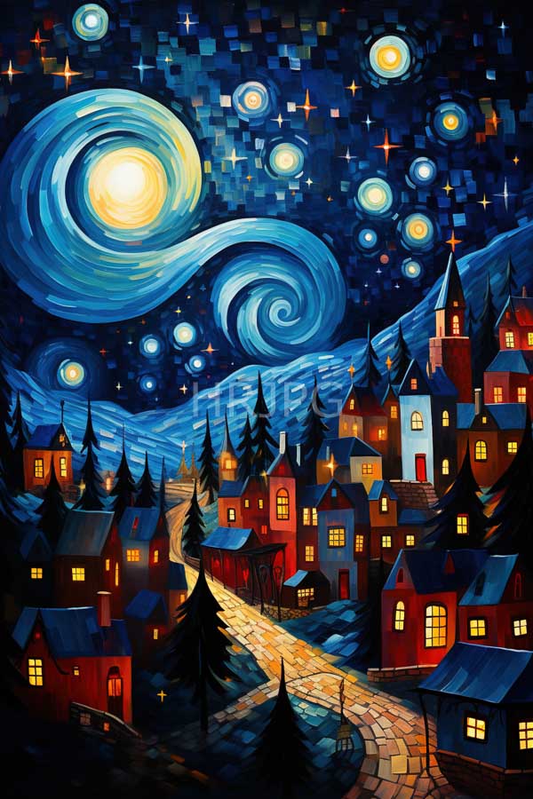 High Resolution: Impressionistic painting of Van Gogh's Starry Night village scene with vibrant swirling blue and yellow stars above red-roofed houses download. | HRJPG.com