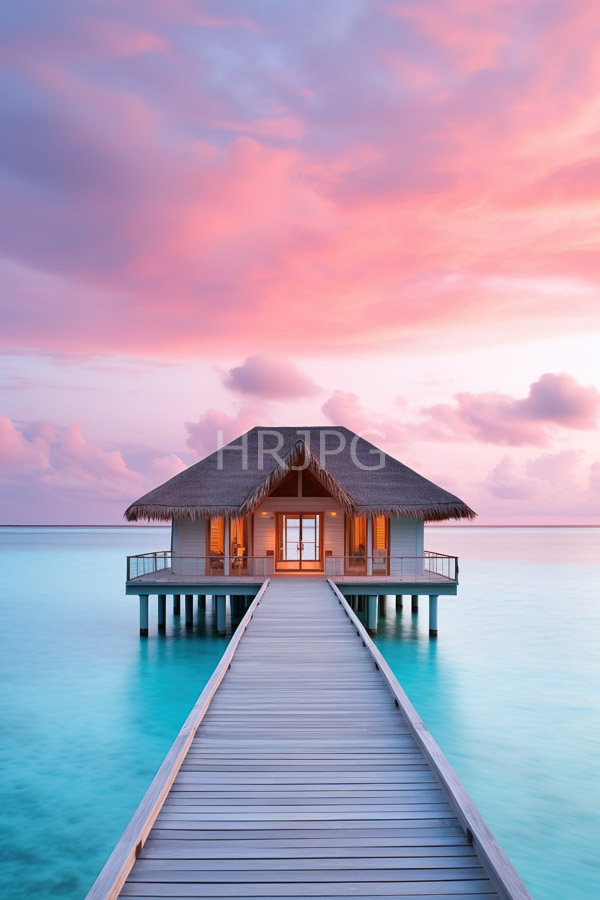 High Resolution: Overwater bungalow at sunset features turquoise waters and a pink-orange sky with a wooden pier leading to a warmly lit thatched-roof structure download. | HRJPG.com