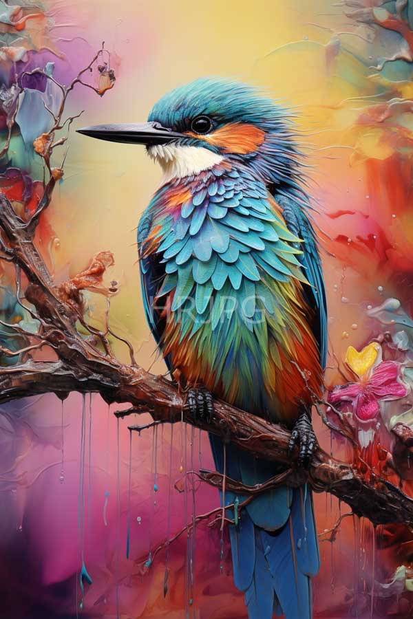 High Resolution: Iridescent kingfisher perched on a branch features vibrant blue-green feathers with orange and yellow accents against an abstract pink-orange background download. | HRJPG.com