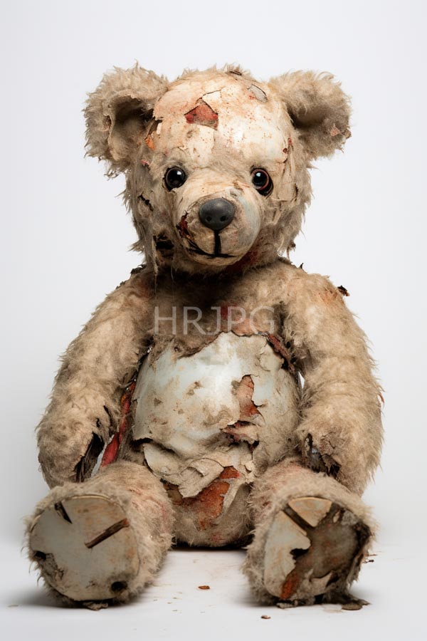 High Resolution: Old heavily worn teddy bear with frayed beige fur and numerous patches where fabric is missing exposing white stuffing and black bead eyes download. | HRJPG.com