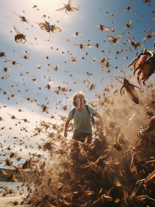High Resolution: Outdoor scene with a young person running amidst swirling clouds of brown dragonflies or similar insects under a clear blue sky download. | HRJPG.com