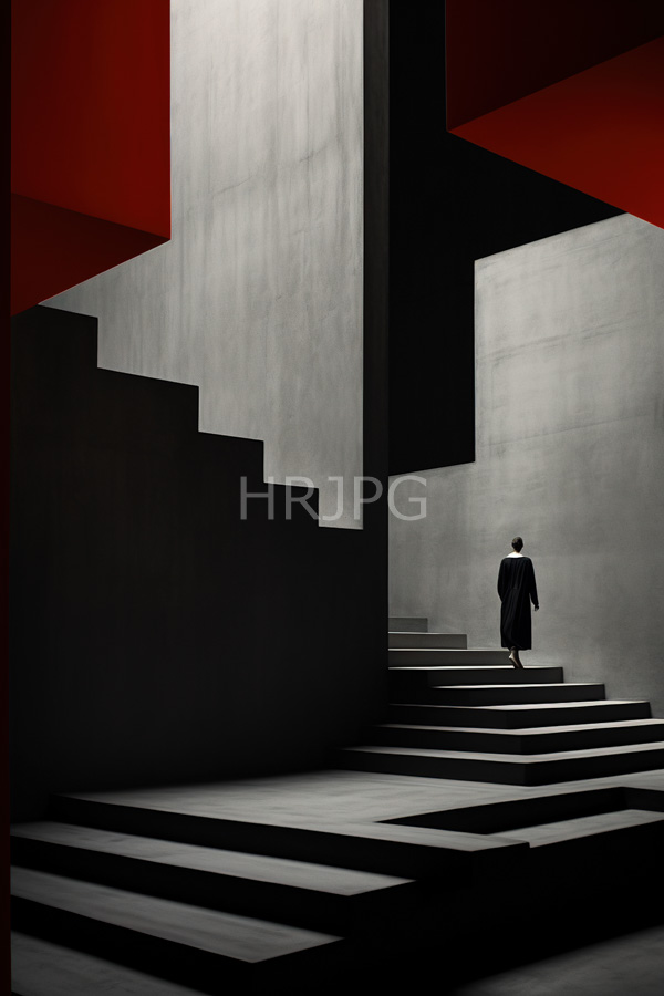 High Resolution: Abstract minimalist architectural space features stark black and white geometric shapes with a solitary figure walking up wide steps towards a distant light download. | HRJPG.com