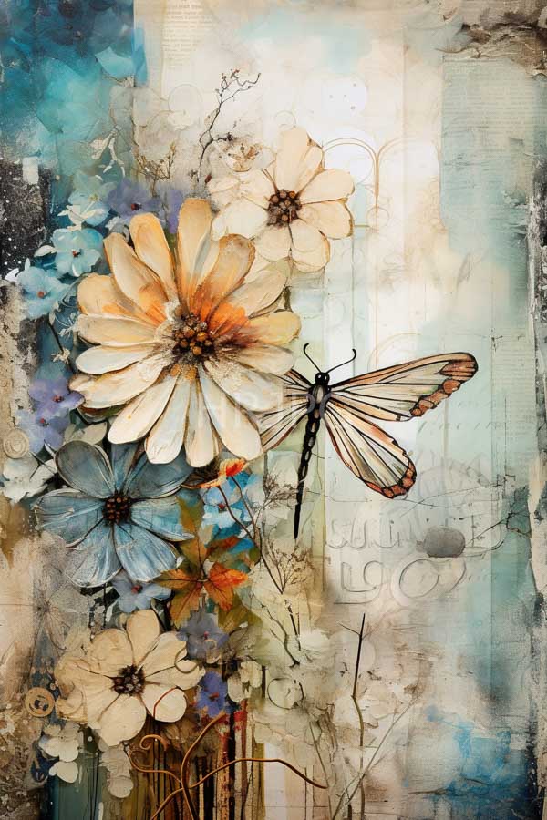 High Resolution: Intricate watercolor-style painting features large white and blue flowers with orange centers alongside delicate butterflies on textured paper backgrounds download. | HRJPG.com
