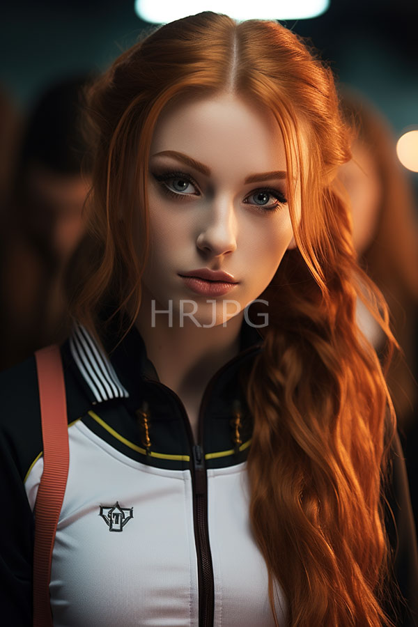 High Resolution: Photorealistic portrait of an attractive young woman with long wavy red hair wearing a white zip-up sports jacket featuring black stripes and striking blue eyes download. | HRJPG.com