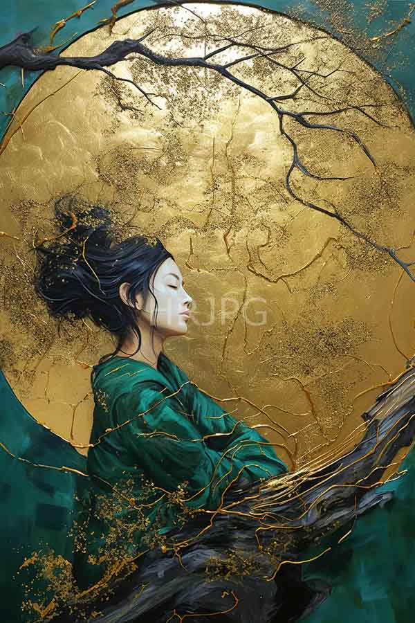 High Resolution: Asian woman with fair skin and black hair in an updo wears green robes against a gold circular background with her eyes closed peacefully download. | HRJPG.com