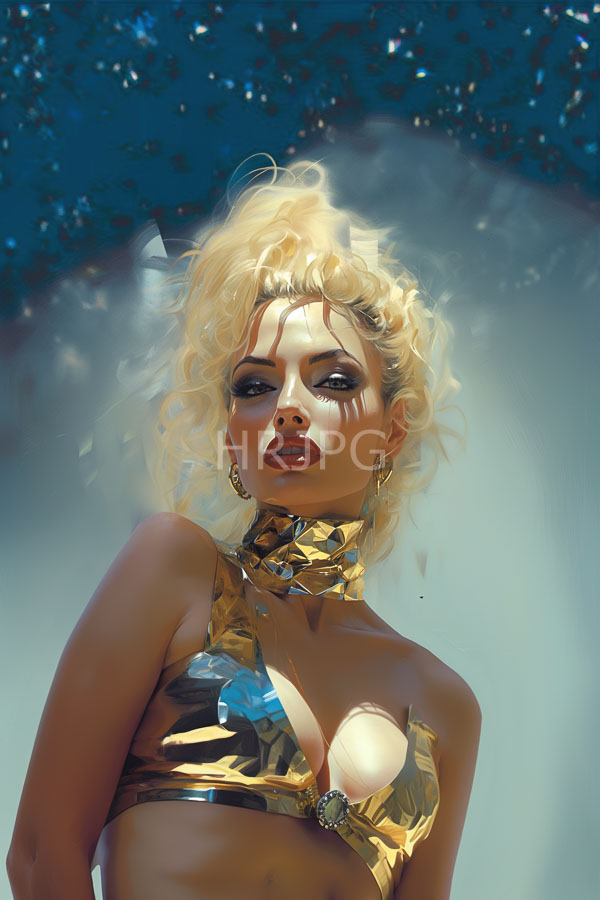 High Resolution: Attractive light-skinned woman with curly blonde hair wears reflective gold metallic clothing that reveals her cleavage and shoulders with bold red lipstick download. | HRJPG.com