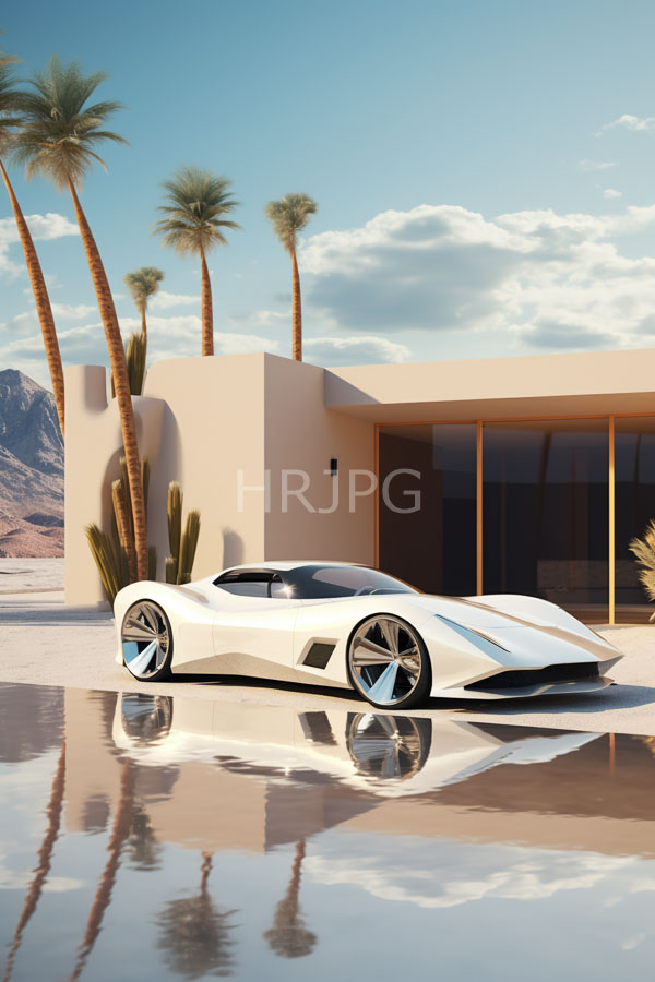 High Resolution: Sleek white futuristic sports car with sharp lines and large wheels parked on a reflective surface in front of a modern desert house with palm trees download. | HRJPG.com
